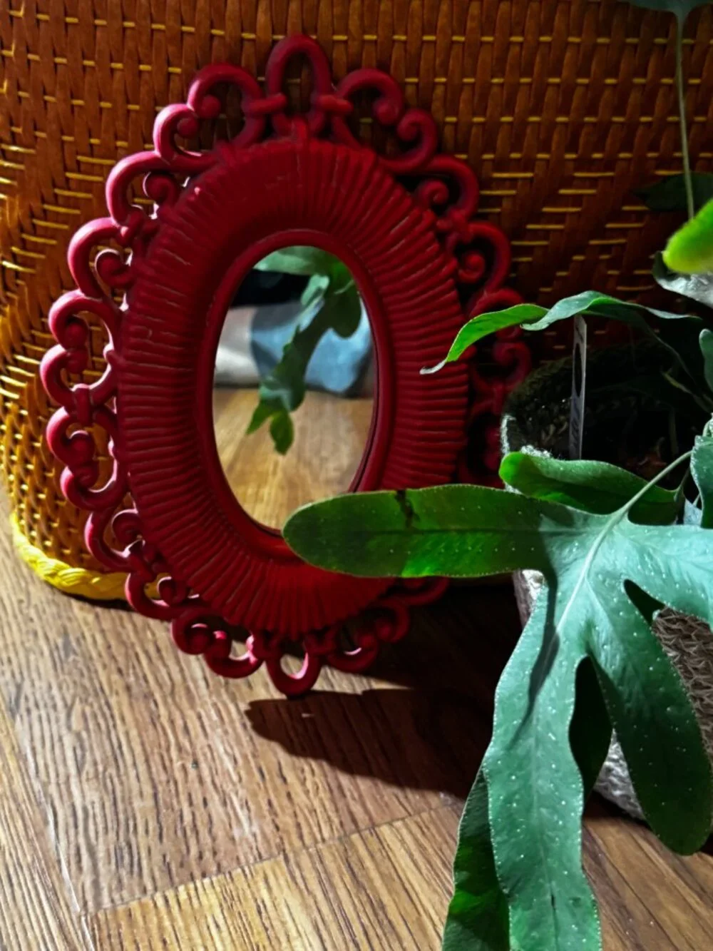 Homco x Syroco Dart Faux Rattan Oval Wall Mirror 2618, Red, Vintage Circa 1970